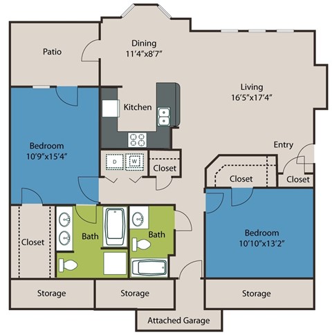 Floor plan for 2 beds, 2 baths, 1272 sqft